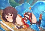  1girl back_peek black_gloves black_panties black_thighhighs boots brown_hair bush dress fingerless_gloves full_body gloves kono_subarashii_sekai_ni_shukufuku_wo! long_hair mage_staff megumin miga_(migao) open_mouth outdoors panties red_dress red_eyes restrained skindentation slime_(creature) thighhighs top-down_bottom-up torn_clothes torn_dress torn_panties underwear 