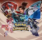  1girl 4boys absurdres aqua_eyes articuno artist_request black_sclera box_art brown_eyes brown_hair character_request claws closed_mouth colored_sclera copyright_logo copyright_name dust fake_horns gloves glowing glowing_eyes grin groudon highres hood hood_up horns jigglypuff key_visual kneehighs long_hair long_sleeves mask mewtwo multiple_boys official_art oni_mask open_mouth outline pokemon pokemon_(creature) pokemon_conquest promotional_art purple_eyes purple_hair red_eyes red_mask red_sandals red_sclera sandals sharp_teeth smile socks spikes teeth third-party_source v-shaped_eyebrows white_eyes white_hair white_outline white_socks yellow_eyes zekrom 