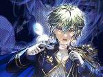  1boy blue_cape blue_eyes blue_hair blue_jacket cape commentary creature creature_on_shoulder earrings epaulettes eyewear_strap gloves gradient_hair green_hair hair_between_eyes highres holding holding_microphone holding_removed_eyewear ike_eveland jacket jewelry looking_at_viewer male_focus microphone motion_blur multicolored_hair nijisanji nijisanji_en nijisanji_idol_uniform on_shoulder open_mouth quilldren_(ike_eveland) rovaroca shirt solo unworn_eyewear upper_body virtual_youtuber white_gloves white_shirt yellow_eyes 