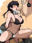  1boy 1girl bikini black_bikini black_hair blush breasts en&#039;en_no_shouboutai fellatio firefighter_jacket hetero highres jacket large_breasts mark_gavatino navel nose_blush oral penis spread_legs squatting sweat swimsuit tamaki_kotatsu testicles twintails yellow_eyes 