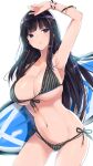  1girl arm_up armpits bangs bare_shoulders bikini black_bikini black_hair blue_eyes blunt_bangs bracelet breasts cleavage commentary_request cowboy_shot front-tie_top highres holding holding_surfboard ikaruga_(senran_kagura) jewelry large_breasts long_hair looking_to_the_side navel senran_kagura shiny shiny_hair simple_background skindentation solo stomach strap_gap striped surfboard swimsuit underboob vertical-striped_bikini vertical_stripes white_background yaegashi_nan 