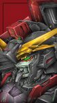  absurdres denjyou23 from_above green_eyes gundam gundam_seed highres looking_ahead mecha mobile_suit no_humans portrait raider_gundam red_background science_fiction v-fin 