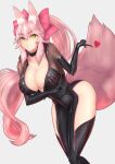  1girl absurdres animal_ear_fluff animal_ears bangs black_bodysuit blush bodysuit bow breasts center_opening choker cleavage fate/grand_order fate_(series) fox_ears fox_girl fox_tail hair_between_eyes hair_bow heart highres hip_vent index_finger_raised kiteno_kiten koyanskaya_(fate) large_breasts long_hair looking_at_viewer pink_bow pink_hair ponytail puckered_lips sidelocks solo tail tamamo_(fate) thighs yellow_eyes 