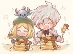  1boy 1girl animal_on_head babe_(fate) beret bird blonde_hair dove drooling fate/grand_order fate_(series) food fork gaito-san hat highres horns knife musical_note on_head pancake paul_bunyan_(fate) percival_(fate) sparkle stack_of_pancakes syrup white_hair 