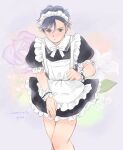  &gt;:( 1boy alternate_costume apron artist_name black_dress blue_hair blush bow clenched_hand commentary covering_privates crossdressing dated dress embarrassed enmaided feet_out_of_frame floral_background frilled_apron frilled_dress frills grey_eyes lemicon light_frown looking_at_viewer maid maid_apron maid_day maid_headdress male_maid original paper_texture puffy_short_sleeves puffy_sleeves short_hair short_sleeves solo sweatdrop swept_bangs v-shaped_eyebrows watercolor_effect white_apron white_bow wrist_cuffs 