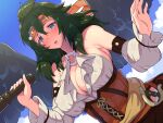  1girl alternate_costume bare_shoulders blue_eyes boris_(noborhys) breasts cleavage covered_nipples detached_sleeves fire_emblem fire_emblem:_radiant_dawn fire_emblem_heroes green_eyes hair_between_eyes headband highres huge_breasts large_breasts looking_at_viewer medium_hair o-ring o-ring_top open_mouth pirate solo telescope vika_(fire_emblem) wings 