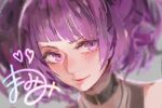  1girl black_choker blush character_name choker close-up heart idolmaster idolmaster_shiny_colors looking_at_viewer parted_lips portrait purple_eyes purple_hair rsef smile solo tanaka_mamimi twintails 