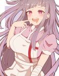  1girl absurdres apron arm_at_side bandaged_arm bandages bangs breasts collared_shirt commentary_request danganronpa_(series) danganronpa_2:_goodbye_despair drooling grey_background hand_up heart heart-shaped_pupils highres large_breasts long_hair looking_at_viewer open_mouth pink_shirt puffy_short_sleeves puffy_sleeves purple_hair shiny shiny_hair shirt short_sleeves simple_background solo sweat symbol-shaped_pupils tsumiki_mikan upper_body upper_teeth weiss_9610 white_apron white_background 