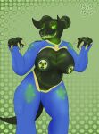 2025 2_horns anthro artist_name back_spikes belly big_breasts blue_clothing bonebees breasts claws clothing costume dark_body deathclaw digital_drawing_(artwork) digital_media_(artwork) facial_piercing fallout female genitals glowing glowing_deathclaw glowing_eyes glowing_genitalia glowing_navel glowing_nipples glowing_pussy glowing_stretch_marks glowing_underneath_clothes green_eyes hazard_symbol hi_res horn huge_breasts microsoft navel nipples non-mammal_breasts non-mammal_navel nose_piercing nose_ring pasties piercing pussy radiation_symbol raya_(bonebees) reverse_bunny_costume ring_piercing scalie sharp_teeth simple_background slightly_chubby smile solo spikes spikes_(anatomy) symbol tail teeth text vault_suit