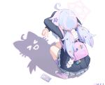 &gt;_&lt; 1girl absurdres ahoge arms_up blue_archive blue_hair cat_shadow_puppet_(meme) coat commentary crossed_arms duffel_coat exusiai_dust grey_skirt hair_ornament halo highres long_hair meme middle_w multicolored_hair pink_hair pink_socks pleated_skirt reisa_(blue_archive) revision school_uniform skirt socks solo squatting star_(symbol) star_hair_ornament twintails two-tone_hair w 