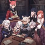  3boys 4girls absurdres ahoge alisaie_leveilleur alphinaud_leveilleur animal_ears aqua_eyes bare_shoulders black_choker black_gloves black_hair blanket blue_eyes blush book book_stack book_stand bookshelf bow braid breasts brown-framed_eyewear brown_hair cat_ears choker cleavage cleavage_cutout closed_eyes closed_mouth clothing_cutout collarbone couch drooling earrings elbow_gloves eyebrows_visible_through_hair facial_mark feather_earrings feathers final_fantasy final_fantasy_xiv fingerless_gloves food fur_trim g&#039;raha_tia gaia_(ff14) glasses gloves grey_eyes grey_hair hair_between_eyes hair_bow hair_over_one_eye hand_on_own_cheek hand_on_own_face hatching_(texture) head_rest highres hjz_(artemi) holding holding_plate holding_tray hyur indoors jewelry leaning_on_person light_brown_hair lipstick long_hair long_sleeves looking_at_another makeup medium_hair miqo&#039;te multicolored multicolored_hair multiple_boys multiple_girls one_eye_closed open_book open_mouth orange_hair pinky_ring plate pointy_ears puffy_sleeves red_eyes red_hair red_lips ring ryne saliva sandwich scarf sitting sleeping sleeping_on_person sleeves_past_wrists smile sweat table tray whisker_markings white_choker white_hair wide_sleeves y&#039;shtola_rhul 