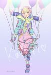  1girl apex_legends balloon bangs blonde_hair blue_eyes blue_footwear blue_jacket blush bodysuit eyebrows_behind_hair eyeshadow heart highres holding holding_balloon hood hooded_jacket jacket kawaii_voltage_wattson knee_pads looking_at_viewer makeup open_mouth osushimax pink_bodysuit pink_headwear purple_eyeshadow ribbed_sweater scar scar_on_cheek scar_on_face smile solo star_(symbol) sweater wattson_(apex_legends) yellow_sweater 