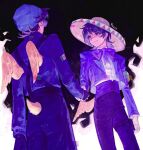  2boys androgynous animification armband beanie bird_tail bird_wings bishounen black_hair blue_hat blue_jacket blue_pants bow bowtie brothers coat commentary cool_colored duck_boy elquackity english_commentary eye_contact eyelashes fire handshake hat highres jacket looking_at_another low_wings male_focus medium_hair mexican_flag minecraft_youtube multiple_boys pants peeco_0 purple_bow purple_bowtie purple_coat purple_theme quackity quackity_smp shirt short_hair siblings smile sombrero standing sunglasses tail twins white_shirt wings 