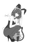  1girl animal_ear_hairband animal_ears artist_name bow bowtie breasts cleavage dated detached_collar fake_animal_ears fake_tail from_side full_body god_knows... greyscale guitar hair_ribbon hairband high_heels highres instrument leotard leria_v looking_at_viewer monochrome official_alternate_costume pantyhose playboy_bunny rabbit_ear_hairband rabbit_ears rabbit_tail ribbon short_hair solo squatting suzumiya_haruhi suzumiya_haruhi_no_yuuutsu tail wrist_cuffs 