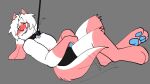 anthro bdsm blue_pawpads blush bovid caprine clothing collar featureless_chest fur goat grey_background hair horn hybrid leash leash_pull leashed_collar lying male mammal midnite_fsnax on_back pawpads paws petplay pink_body pink_fur puppyplay roleplay rox_(midnite_fsnax) simple_background solo submissive submissive_anthro submissive_male tail tail_motion tailwag underwear white_body white_fur white_hair