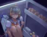  1girl am_pillo bangs blonde_hair blue_eyes brown_hair egg fish_hair_ornament food hair_ornament highres holding holding_food ice_pack milk multicolored_hair nijisanji nijisanji_en open_mouth petra_gurin popsicle refrigerator short_hair solo streaked_hair virtual_youtuber 