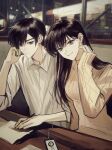  1boy 1girl absurdres arm_on_table between_fingers black_hair blunt_bangs booth_seating brown_hair brown_sweater building cellphone closed_mouth collared_shirt earbuds earphones elbow_on_table expressionless hand_on_own_cheek hand_on_own_face highres holding holding_pen indoors light_blush light_frown listening_to_music long_hair long_sleeves looking_at_viewer mkmwyydlp night on_chair original paper parted_lips pen phone restaurant shirt short_hair sitting skyscraper sleeve_cuffs sleeves_past_wrists smartphone smirk sweater swept_bangs teeth thick_eyebrows three-quarter_sleeves turtleneck turtleneck_sweater upper_body white_shirt window writing 
