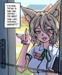  animal_ear_fluff animal_ears blonde_hair breasts bush clipboard dialogue_box diamond_mouth door_chain doorway english_commentary english_text fangs floral_print fox_ears fox_girl fox_shadow_puppet grass green_nails green_ribbon highres holding holding_clipboard house kudamaki_tsukasa looking_at_viewer medium_breasts meme messy_hair name_tag opening_door original pov_doorway ribbon road shirt short_hair short_sleeves sidewalk stirfriedspam touhou white_shirt yellow_eyes your_car&#039;s_extended_warranty_(meme) 