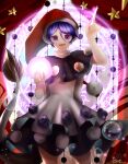  1girl arm_up artist_name bad_hands bangs black_dress black_sleeves bubble doremy_sweet dress eyebrows_visible_through_hair hair_between_eyes hands_up hat heikokuru1224 highres light looking_at_viewer open_mouth pointing pom_pom_(clothes) purple_eyes purple_hair red_headwear shadow short_hair short_sleeves smile solo standing star_(symbol) tail touhou white_dress 