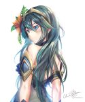  1girl absurdres alternate_costume artist_name back bangs bare_shoulders bikini blue_eyes blue_hair clear_glass_(mildmild1311) eyebrows_visible_through_hair fire_emblem fire_emblem_awakening fire_emblem_heroes flower hair_between_eyes hair_flower hair_ornament highres long_hair looking_back lucina_(fire_emblem) see-through signature smile solo swimsuit symbol-shaped_pupils tiara twitter_username upper_body white_background 