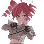  1girl ahoge backlighting black_sleeve_cuffs blush bow closed_mouth drill_hair fingernails floating_hair grey_jacket grey_skirt hair_bow hair_ribbon hands_on_own_cheeks hands_on_own_face hashtag-only_commentary highres jacket kasane_teto kasane_teto_(sv) layered_sleeves long_sleeves looking_at_viewer midriff_peek musical_staff musical_staff_print na_ivf navel red_eyes red_hair red_nails red_trim ribbon simple_background skirt solo striped_clothes striped_jacket synthesizer_v twin_drills upper_body utau white_bow white_ribbon 