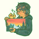  1boy :3 absurdres aegyo_sal androgynous animification beanie bird black_hair black_hat black_hoodie brown_eyes commentary dark-skinned_male dark_skin duck english_commentary hat headphones highres holding holding_painting hood hood_down hoodie long_sleeves male_focus minecraft_youtube painting_(object) peeco_0 quackity real_life short_hair simple_background solo sparkle thumbs_up white_background 