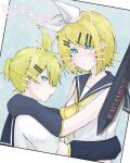  1boy 1girl aqua_eyes arm_warmers arms_around_neck arms_around_waist bangs black_collar black_sleeves blonde_hair character_name collar collared_shirt commentary drawn_ears drawn_whiskers expressionless hair_ornament hairclip highres kagamine_len kagamine_rin looking_at_viewer looking_to_the_side neckerchief photo_(object) sailor_collar school_uniform shirt short_hair short_ponytail short_sleeves sleeveless sleeveless_shirt spiked_hair stylus swept_bangs vocaloid white_shirt yellow_neckwear yuzukun_17 