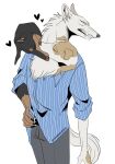 3_heads anthro canid canine canis chest_tuft claws clothing collared_shirt cute_fangs disgusted_expression disgusted_face domestic_dog fangs finger_claws folded_ears french_kissing group heart_symbol hi_res kemono kissing male male/male mammal multi_head narrowed_eyes pointy_ears riseidokokana romantic romantic_couple shirt simple_background teeth topwear trio tuft