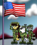 2014 american_flag anthro black_hair blue_eyes boots camo canid canine canis clothing colored combat_boots domestic_cat domestic_dog dudley_puppy felid feline felis female footwear gesture green_eyes group hair hat headgear headwear hi_res kitty_katswell male mammal memorial_day_(usa) military_cap military_uniform nickelodeon procyonid raccoon salute shaded shinragod shoes standing t.u.f.f._puppy tan_body trio uniform united_states_of_america white_body