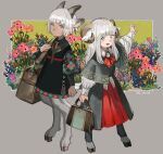  1girl 1other :d androgynous animal_ears arm_at_side bag bangs black_dress blue_flower blunt_bangs brooch brown_bag capelet clenched_hand closed_mouth collared_dress collared_shirt commentary_request curled_horns dark_skin dress earrings floral_print flower flower_request full_body goat_ears goat_horns goat_legs goat_tail green_eyes grey_background grey_capelet hand_up holding holding_bag horns jewelry leather_bag light_blush long_hair long_sleeves looking_at_viewer nose open_mouth orange_flower original outstretched_arm pink_flower plant print_capelet print_dress puffy_long_sleeves puffy_sleeves purple_flower red_neckwear red_skirt sasumata_jirou satyr sheep_ears sheep_girl sheep_horns shirt short_hair sidelocks skirt smile standing traditional_clothes twitter_username white_hair white_shirt wing_collar yellow_background 