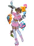 anthro bottomwear canid canine canis clothing crop_top domestic_dog eyewear femboy glasses legwear male mammal painting_(artwork) papyuuno pink_clothing roller_skates serving serving_tray shirt shorts solo thigh_highs topwear watercolor_(artwork) wearing_glasses working
