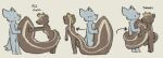 ambiguous_gender anthro big_tail blonde_hair brown_body brown_fur dialogue duo english_text featureless_crotch fur green_eyes grey_body grey_fur hair holding_tail long_tail male male/ambiguous mammal mephitid nude_anthro nude_male rear_view simple_background skunk standing tail tail_around_partner tail_grab tan_background tan_body tan_fur text vanilla_(vanillayote) vanillayote walking