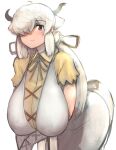  1girl ahoge alternate_breast_size bangs bent_over blush breasts brown_eyes brown_neckwear closed_mouth collared_shirt dress extra_ears eyebrows_visible_through_hair gigantic_breasts gloves grey_horns hair_over_one_eye hair_ribbon hanging_breasts highres kemono_friends long_hair looking_at_viewer ox_ears ox_horns ribbon shibori_kasu shirt short_sleeves sidelocks simple_background sketch smile solo very_long_hair white_background white_dress white_hair yak_(kemono_friends) yellow_shirt 