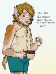 anthro blue_eyes brown_body brown_fur canid canine canis clothed clothing container coyote cup dialogue english_text facial_hair fur fur_growth growth holding_container holding_cup holding_object human human_to_anthro humanoid male mammal mid_transformation open_mouth orange_body orange_fur pill_bottle rain_(vanillayote) simple_background solo species_transformation standing tan_body tan_fur text transformation underwear underwear_only vanillayote white_background yellow_background