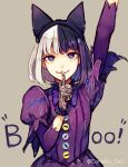  1girl akagi_shun animal_ears animal_print arm_up bangs bat_print black_hair blunt_bangs bow bowtie buttons cat_ears dress fake_animal_ears finger_to_mouth gloves halloween high_collar lace lace_gloves multicolored_hair original puffy_short_sleeves puffy_sleeves purple_bow purple_dress purple_eyes short_hair short_sleeves simple_background smile solo striped twitter_username upper_body vertical_stripes white_hair 