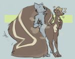 animal_genitalia anthro balls big_tail blue_background brown_body brown_fur duo flirting fully_sheathed fur genitals green_background hand_on_chest heart_symbol huge_tail male male/male mammal mephitid musk musk_clouds musky_body seductive sheath simple_background skunk smelly stink_fumes tail tail_around_partner tan_body tan_fur thick_thighs vanilla_(vanillayote) vanillayote