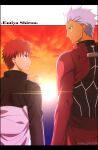  2boys akujiki59 archer_(fate) artist_name bangs brown_eyes brown_jacket closed_mouth cloud commentary_request emiya_shirou eye_contact fate_(series) from_behind jacket light_trail long_sleeves looking_at_another looking_to_the_side male_focus multiple_boys official_style outdoors red_hair short_hair sky spiked_hair sun sunset twilight watermark white_hair 