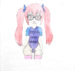  :3 :d andymoe anime_coloring blue_ribbon blue_shirt colored_skin date_a_live glasses highres itsuka_kotori medibang_paint one-piece_swimsuit purple_one-piece_swimsuit red_eyes red_hair ribbon shirt sketch smile swimsuit t-shirt thick_thighs thighhighs thighs twintails uwu white_background white_skin 
