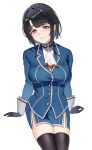  1girl absurdres ascot black_gloves black_hair black_thighhighs blush breasts gloves highres jinkai12345 kantai_collection large_breasts looking_at_viewer military military_uniform red_eyes short_hair sitting skirt smile solo takao_(kancolle) thighhighs white_background 