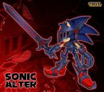  1boy absurdres animal_ears armor artist_name artoria_pendragon_(fate) black_armor blue_fur caliburn_(sonic) commentary corruption dark_persona english_commentary excalibur_morgan_(fate) excalibur_sonic fate/grand_order fate/stay_night fate_(series) furry furry_male hedgehog_boy highres historical_name_connection holding holding_sword holding_weapon name_connection red_shoes saber_alter sega shadowlifeman shoes sonic_(series) sonic_and_the_black_knight sonic_the_hedgehog sword weapon 
