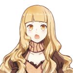  1girl :o absurdres bangs blonde_hair breasts cleavage fang hair_between_eyes highres long_hair long_sleeves looking_at_viewer open_mouth portrait red_riding_hood_(sinoalice) rico_tta simple_background sinoalice solo surprised white_background yellow_eyes 