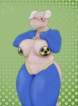 2025 2_horns albino anthro artist_name belly big_breasts blue_clothing blush bonebees breasts claws clothing costume deathclaw digital_drawing_(artwork) digital_media_(artwork) fallout female genitals hazard_symbol hi_res horn huge_breasts layla_(bonebees) microsoft navel non-mammal_breasts non-mammal_navel pasties pussy radiation_symbol red_eyes reverse_bunny_costume scalie sharp_teeth shy simple_background slightly_chubby smile solo symbol tail teeth text vault_suit
