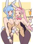  2girls animal_ears artist_name bangs bare_shoulders blue_hair blunt_bangs blush border bow bowtie breasts commentary_request cowboy_shot detached_collar do_m_kaeru eyebrows_visible_through_hair fake_animal_ears fake_tail fire_emblem fire_emblem:_three_houses food hairband hilda_valentine_goneril holding holding_tray ice_cream ice_cream_float large_breasts leotard locked_arms long_hair looking_at_viewer marianne_von_edmund multiple_girls one_eye_closed open_mouth pantyhose pink_eyes pink_hair playboy_bunny rabbit_ears rabbit_tail simple_background sleeveless standing strapless strapless_leotard tail tongue tray twintails twitter_username watermark white_border wrist_cuffs yellow_background 