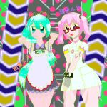  :3 absurdres andymoe blue_eyes blue_hair dress eyeshadow glasses gloves green_eyes green_hair grey_gloves hatsune_miku highres lipstick maid makeup medibang_paint megurine_luka muscular muscular_female neon_lights pink_eyes pink_eyeshadow pink_hair ponytail ribbon shirt skirt text_focus thighs uwu vocaloid white_dress white_shirt white_skirt 