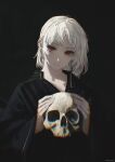  1girl black_background chainsaw_man chromatic_aberration closed_mouth ear_piercing earrings fami_(chainsaw_man) highres holding holding_skull jewelry piercing red_eyes ringed_eyes skull solo tarinne white_hair 