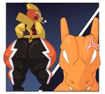 absurd_res angry anthro bedroom_eyes big_butt butt charizard clothed clothing comic cosplay_pikachu_(character) cosplay_pikachu_(costume) digital_media_(artwork) dragon duo fur generation_1_pokemon heart_symbol hi_res looking_at_another looking_back male male/male mammal mask mythological_creature mythological_scalie mythology narrowed_eyes nintendo no_pupils orange_body pikachu pikachu_libre pokemon pokemon_(species) presenting presenting_hindquarters rear_view rodent scalie seductive sharp_teeth simple_background smug smug_expression smug_eyes smug_face smug_grin tail taunting teeth thick_thighs wide_hipped_male wide_hips woopyy yellow_body yellow_fur