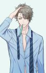  1boy blue_background blue_neckwear blue_shirt brown_hair closed_mouth collarbone collared_shirt commentary_request dress_shirt earrings facing_viewer frown fujishiro_(sgas) hand_on_own_head hand_up highres jewelry long_sleeves male_focus necktie original partially_unbuttoned shirt short_hair sideways_glance simple_background solo striped striped_neckwear stud_earrings toothbrush toothbrush_in_mouth undone_necktie upper_body very_short_hair 