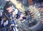  1girl absurdres aris_(blue_archive) aris_(mecha_suit)_(blue_archive) armored_core balteus_(armored_core_vi) blue_archive boots commentary_request crossover dodging firing flying halo highres korean_commentary korean_text kurana_(atlas) leotard long_hair mecha_musume mechanical_wings missile teeth thighhighs translation_request twintails weapon wings 