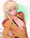  1girl blonde_hair breasts commentary gundam hairband highres katejina_loos konishiki_(52siki) large_breasts long_hair looking_at_viewer mecha_pilot_suit normal_suit_(gundam) orange_eyes parted_lips red_hairband solo upper_body victory_gundam white_background 