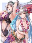  2girls alternate_costume arm_up armlet armpits bikini black_swimsuit blue_hair breasts cleavage collarbone commentary curled_horns facial_mark fairy fairy_wings fire_emblem fire_emblem_heroes flower flower_necklace forehead_mark freyja_(fire_emblem) goat_horns grey_hair hair_flower hair_ornament horns jewelry large_breasts long_hair looking_at_viewer multicolored_hair multiple_girls navel necklace official_alternate_costume one-piece_swimsuit pelvic_curtain pink_flower plumeria_(fire_emblem) ponytail red_eyes red_horns sideboob sidelocks swimsuit ten_(tenchan_man) thorns very_long_hair white_bikini white_swimsuit wings 